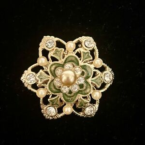 Vintage Coro Floral Filagree Brooch with Faux Pearls and Rhinestones